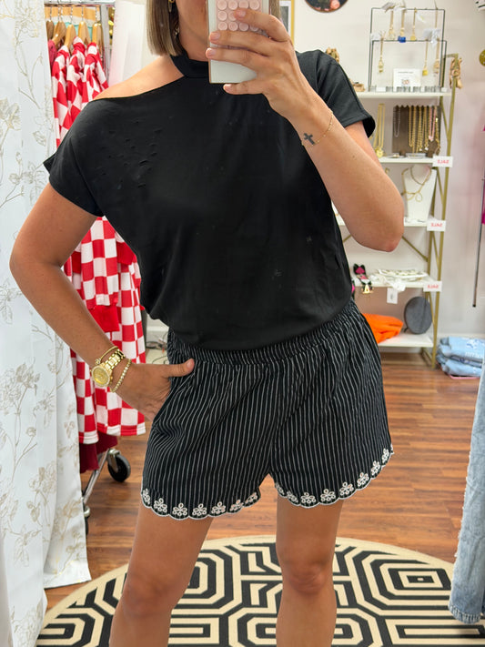 Black White Embroidered Shorts