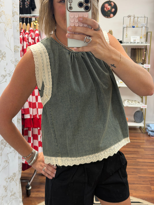 Denim Lace Trim Top