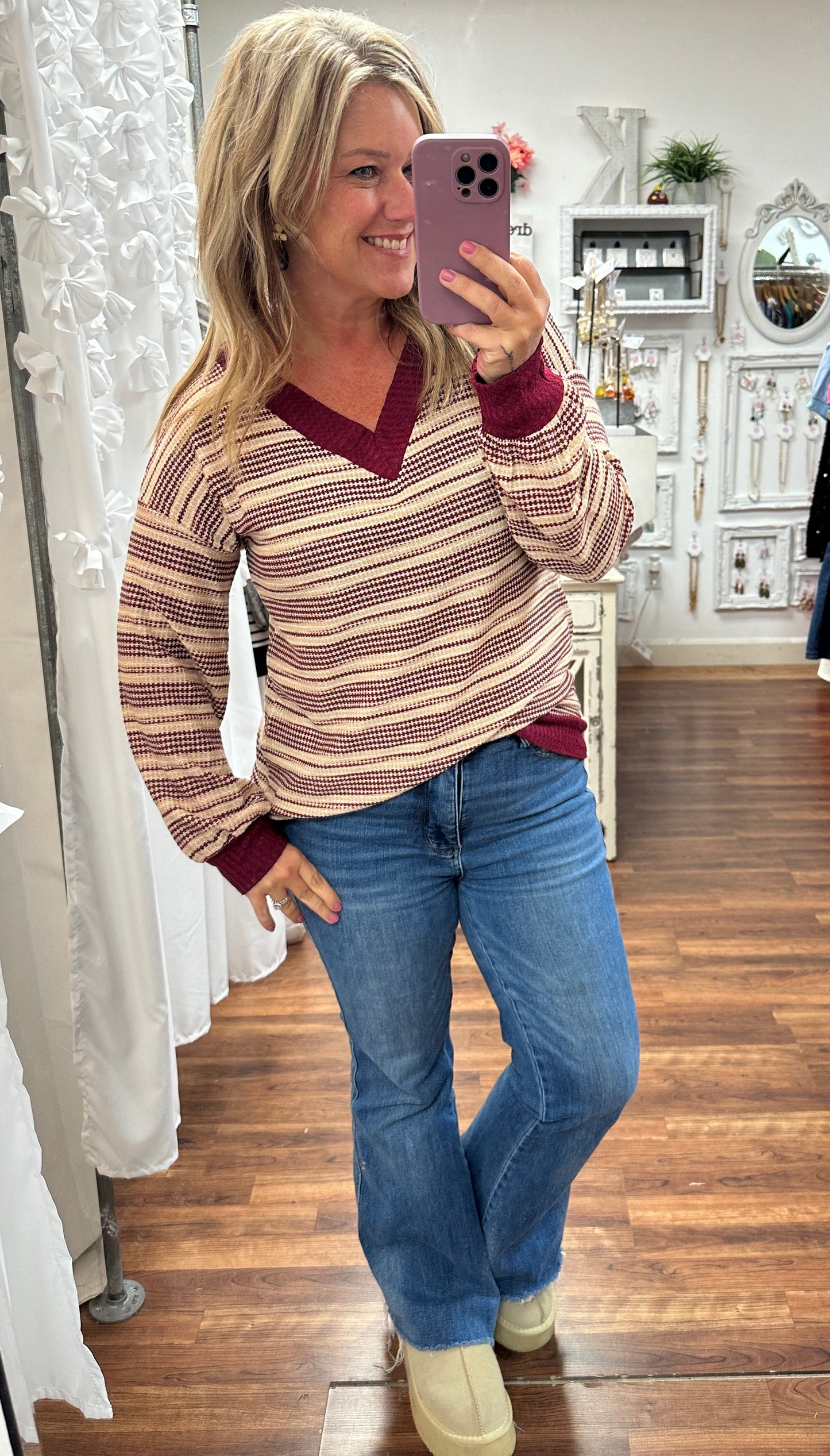 Burgundy Luxe Waffle Stripe Top