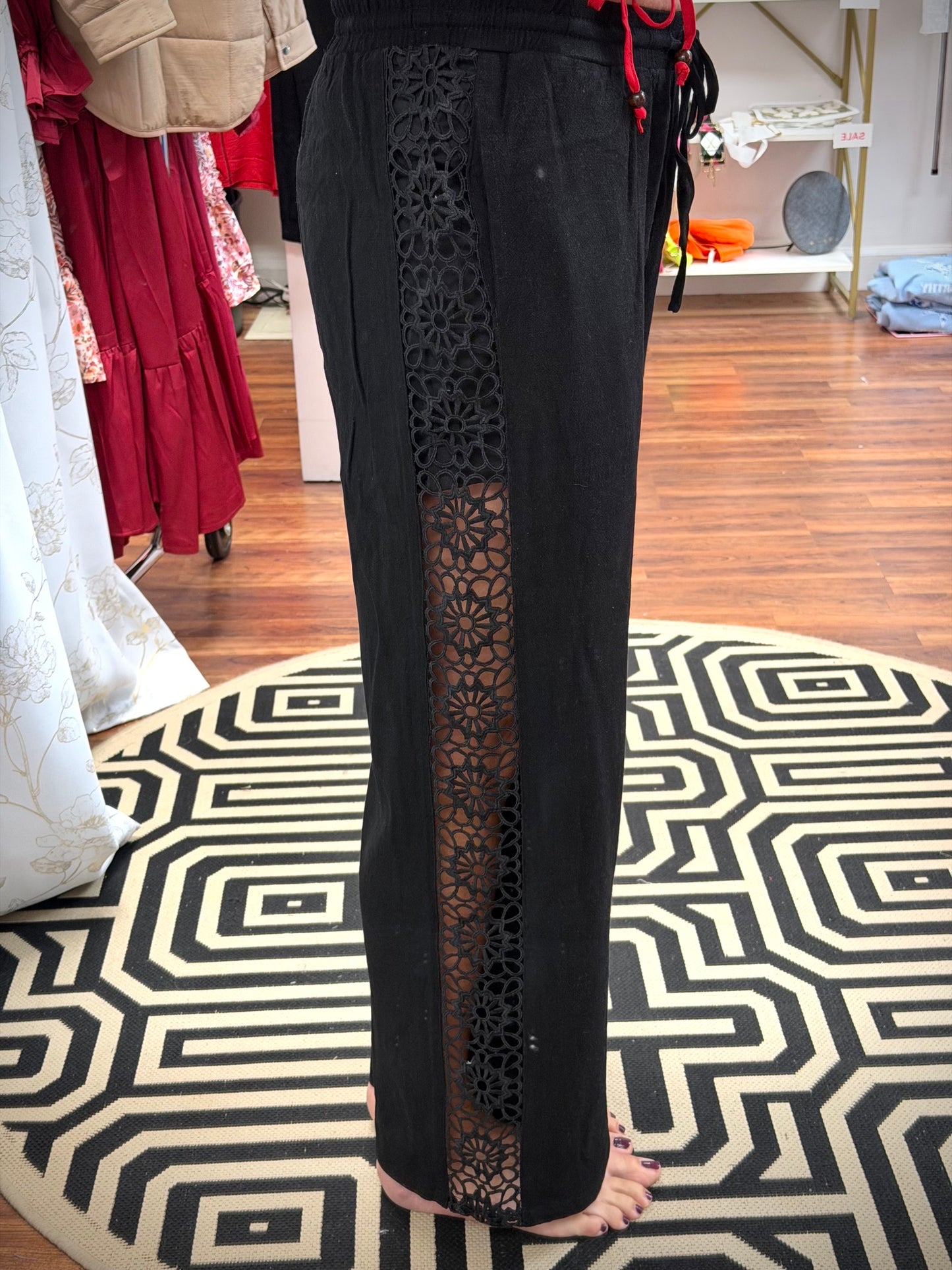 Black Side Floral Cutout Pants