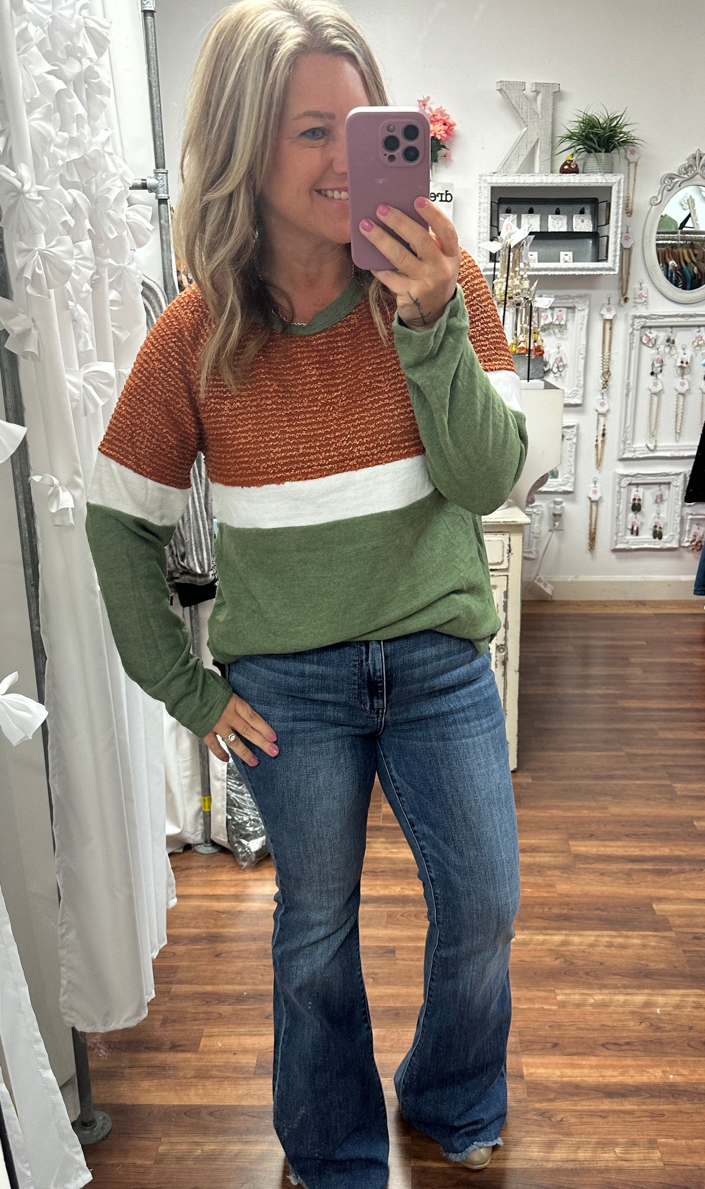 Olive Grove Color Block Hacci Top