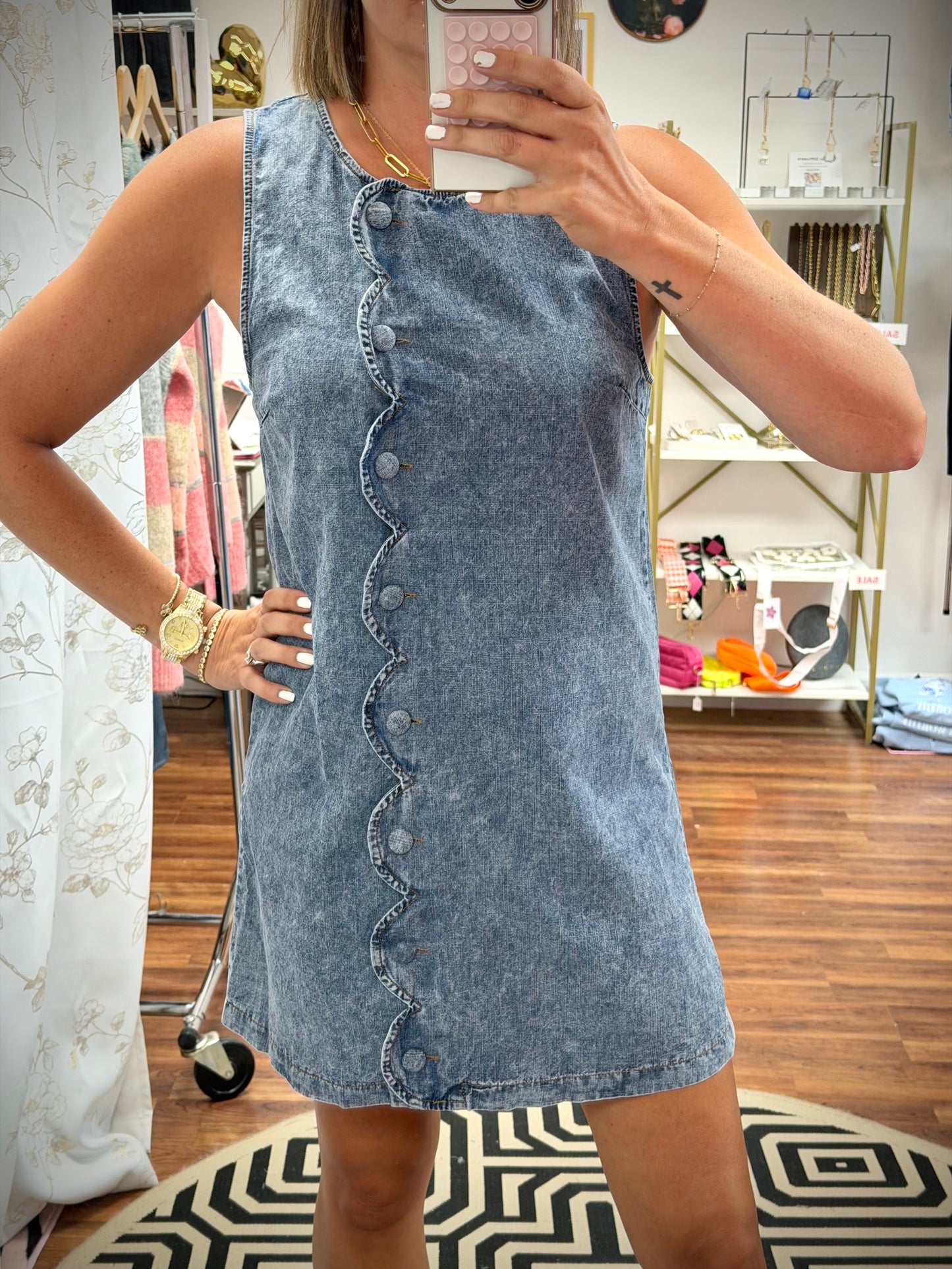 Scallop Button Denim Dress