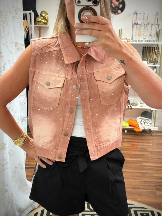 Pink Rhinestone Denim Vest