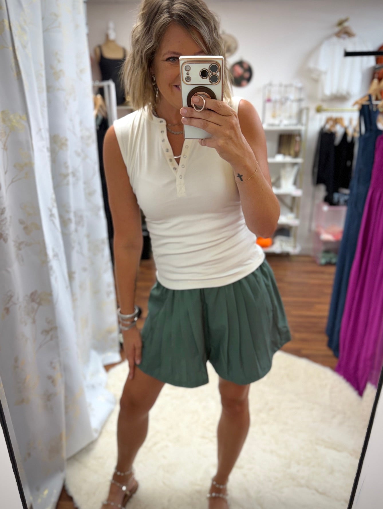 Cream Ribbed Henley Snap Top