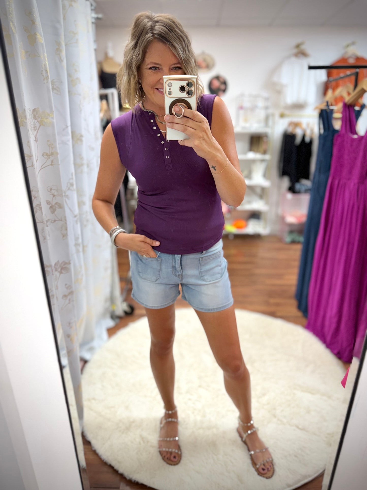 Purple Ribbed Henley Snap Top