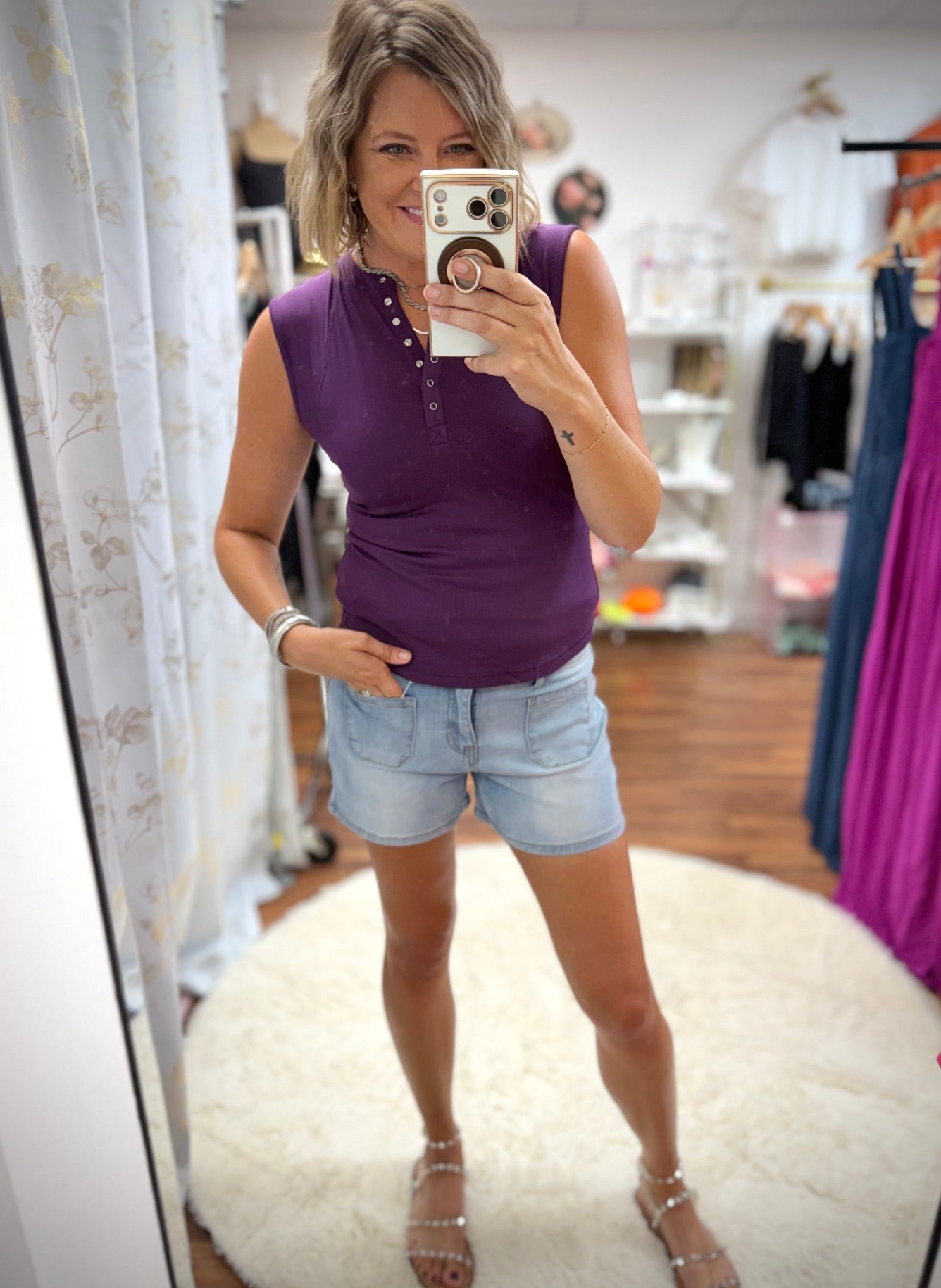Purple Ribbed Henley Snap Top