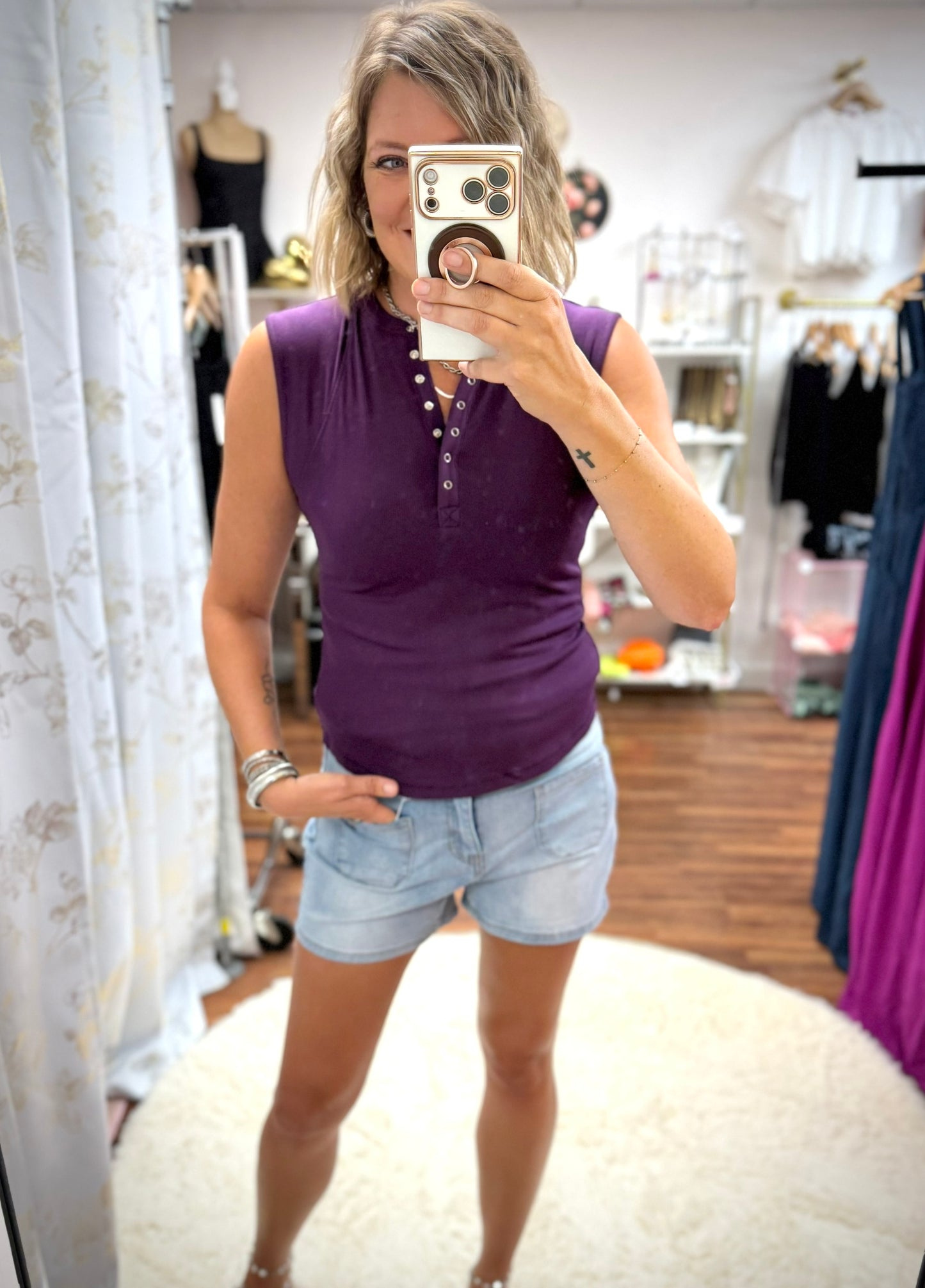 Purple Ribbed Henley Snap Top