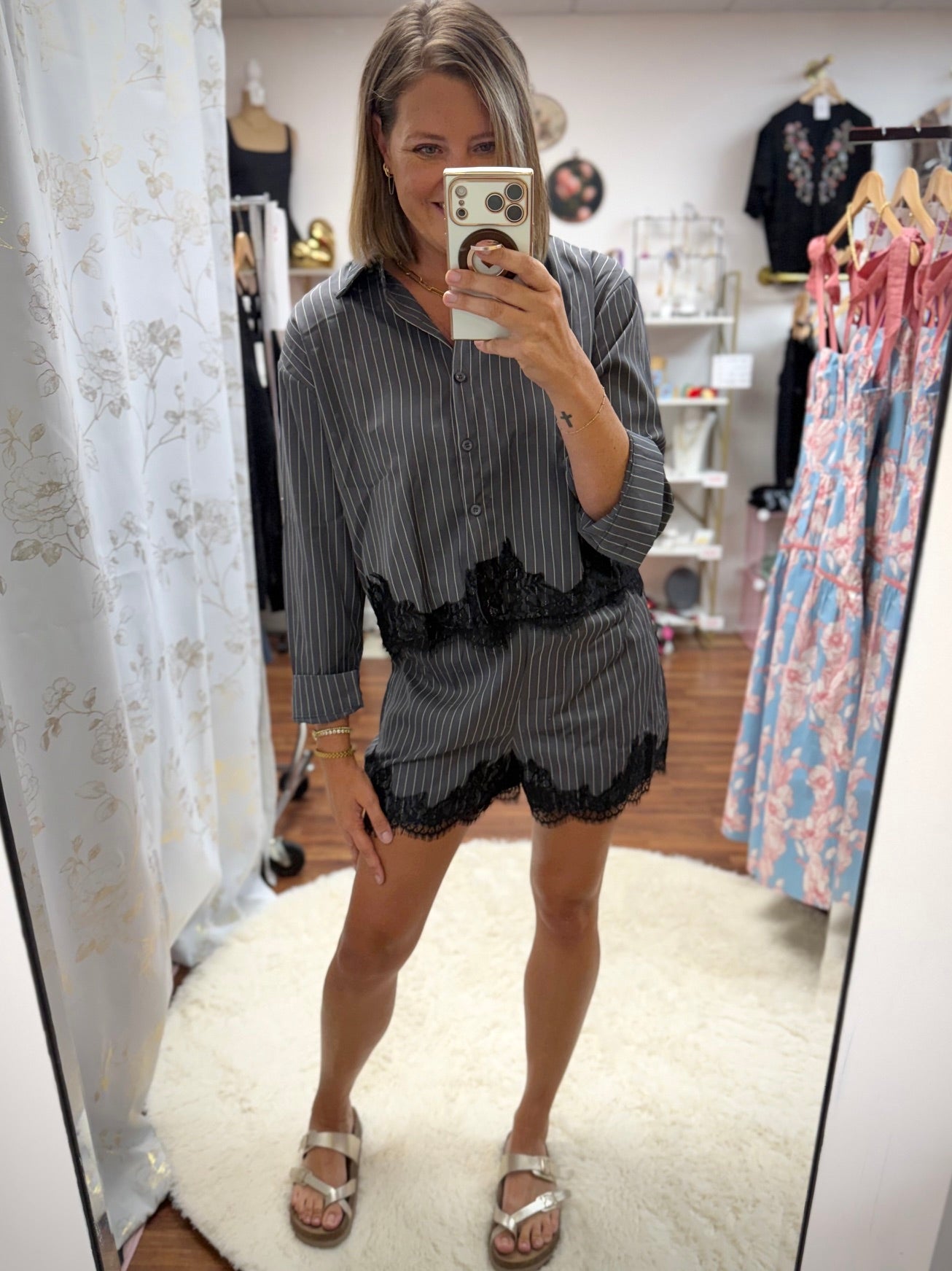 Elevated Striped Button Down & Lace Trim 2 Piece Short Set