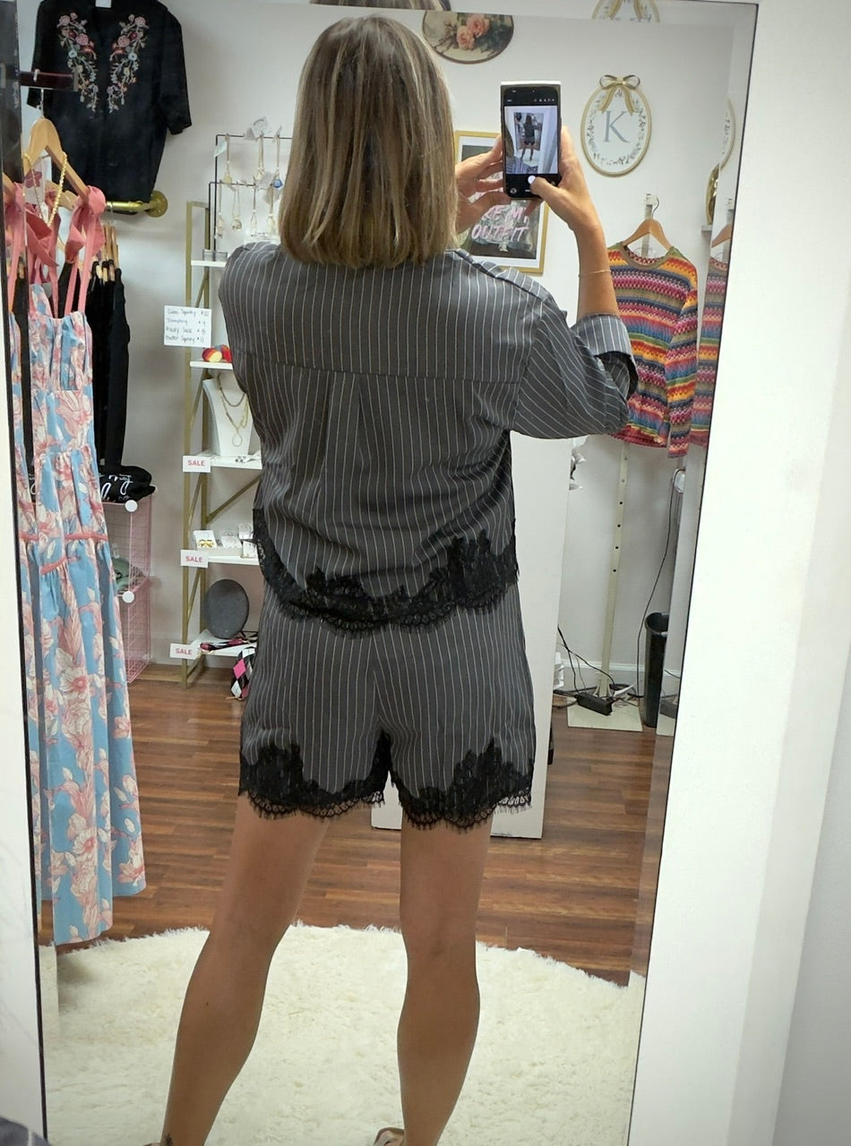 Elevated Striped Button Down & Lace Trim 2 Piece Short Set