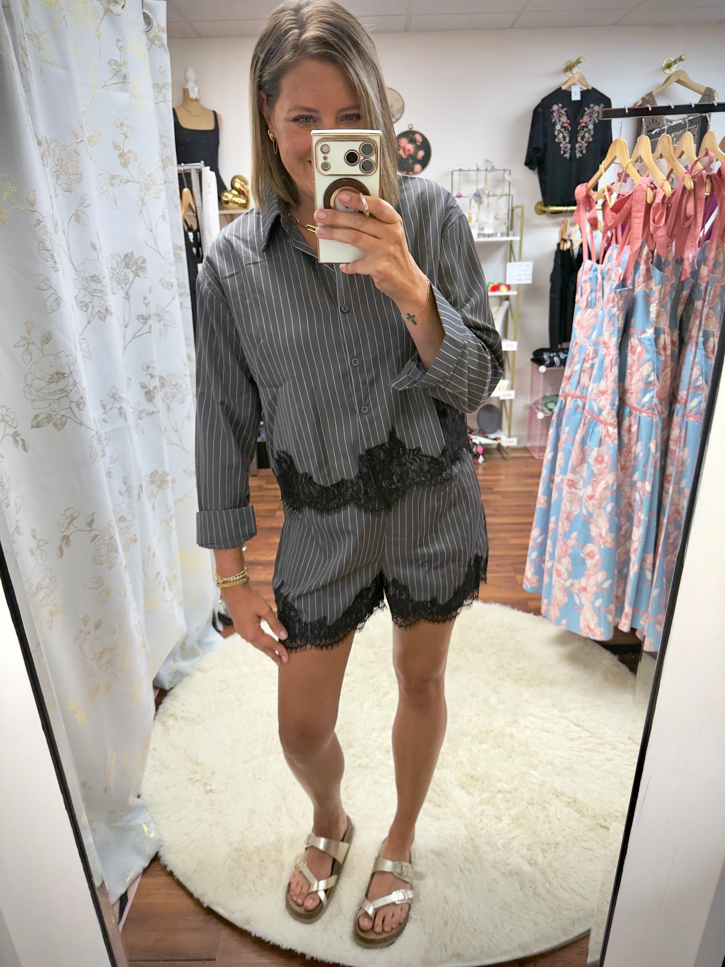 Elevated Striped Button Down & Lace Trim 2 Piece Short Set