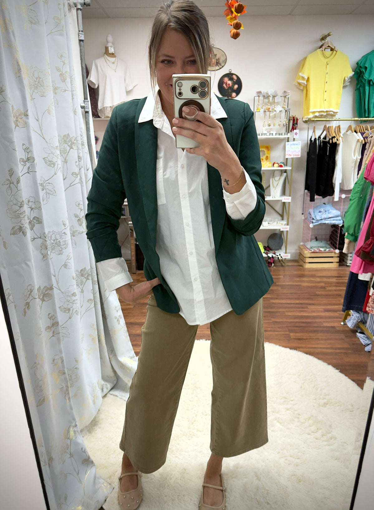 Green Ruched Sleeve Blazer