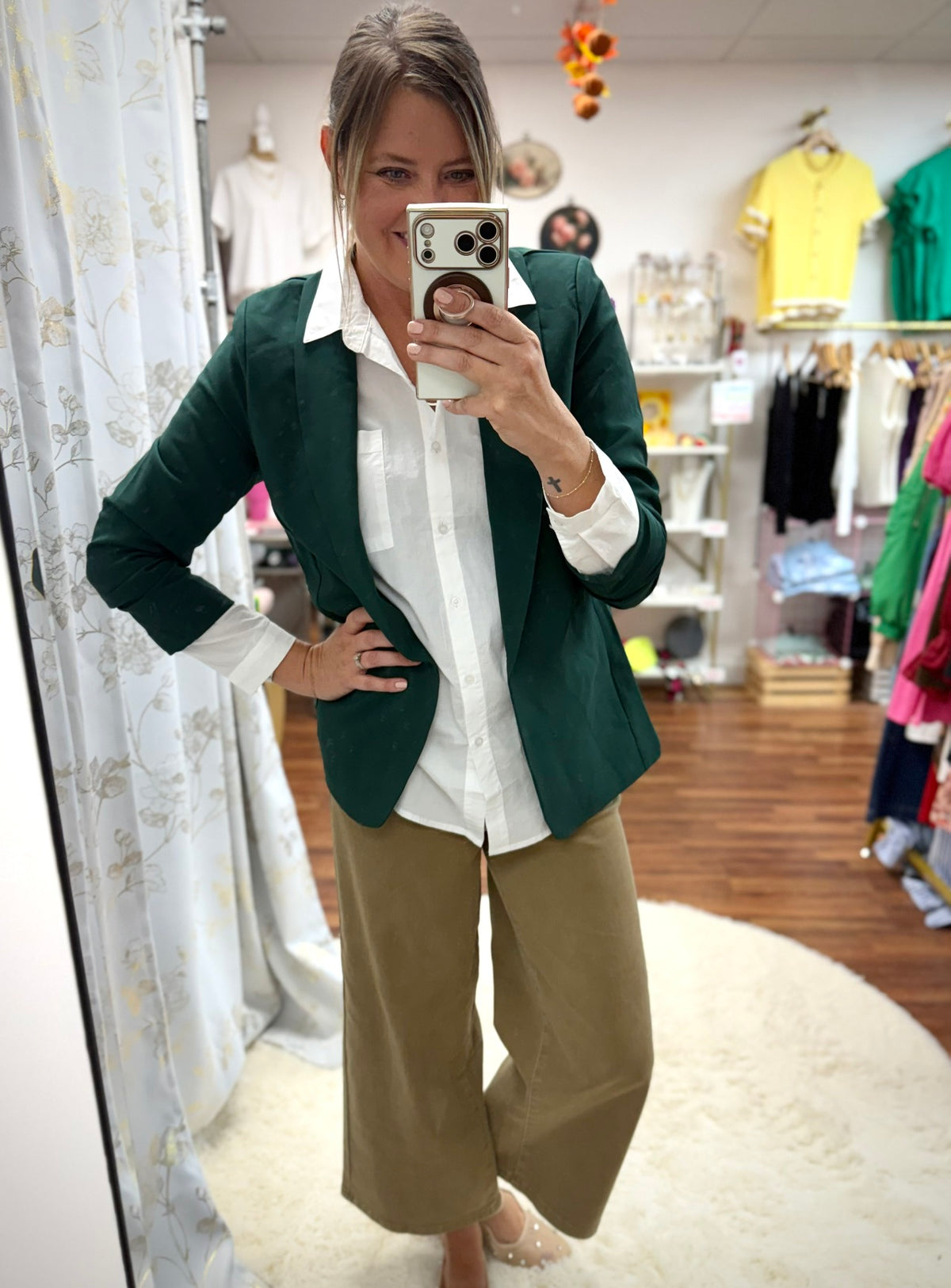 Green Ruched Sleeve Blazer