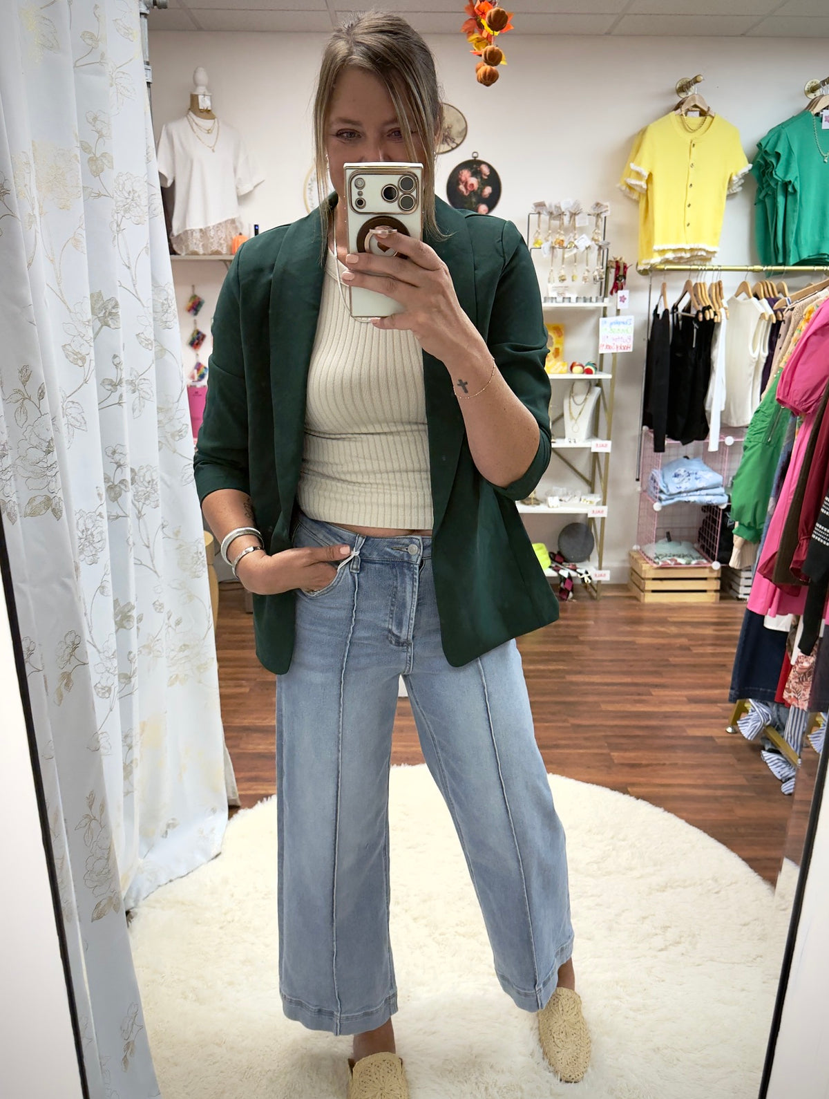 Green Ruched Sleeve Blazer