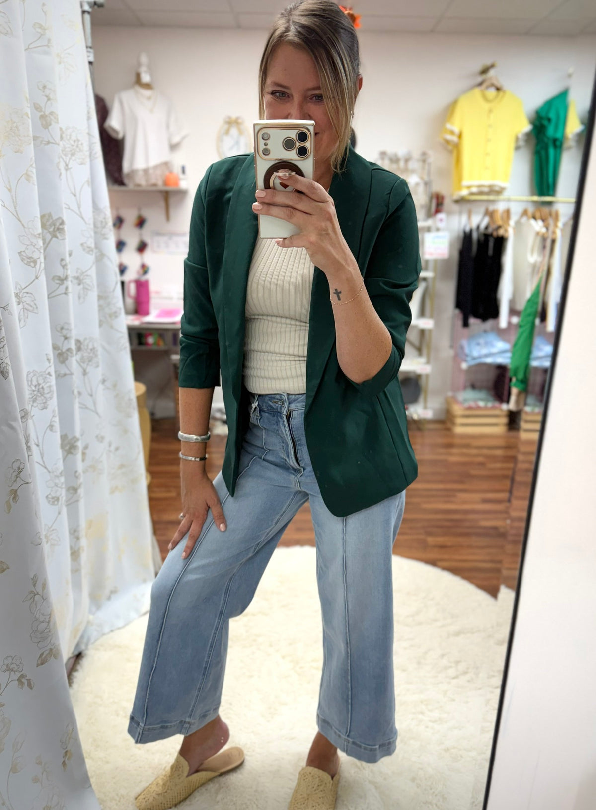 Green Ruched Sleeve Blazer