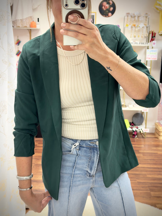 Green Ruched Sleeve Blazer