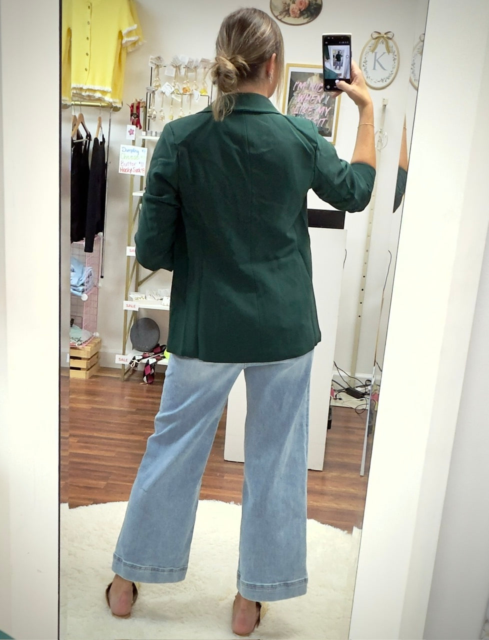 Green Ruched Sleeve Blazer