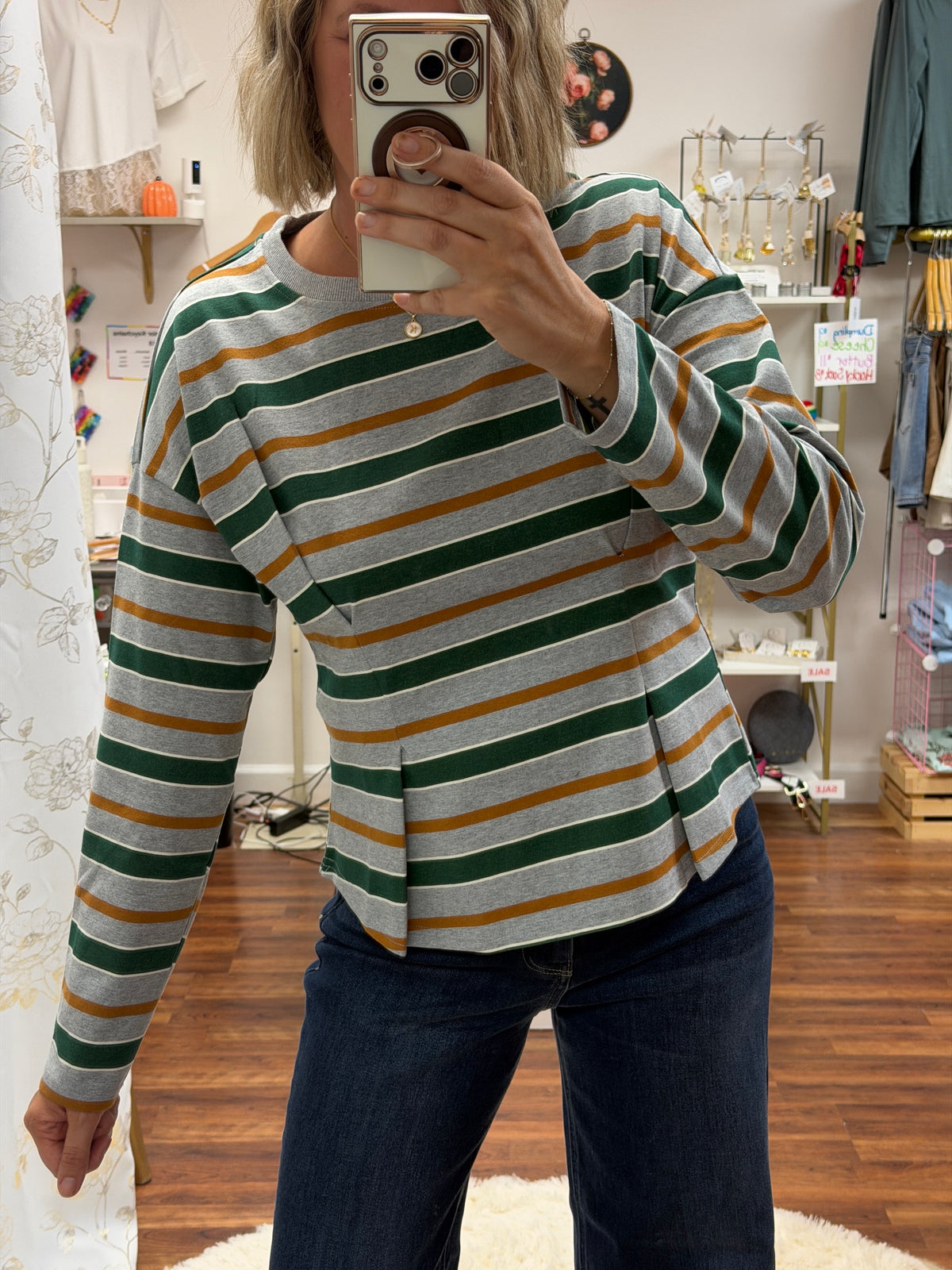 Green Stripe Pleated Top