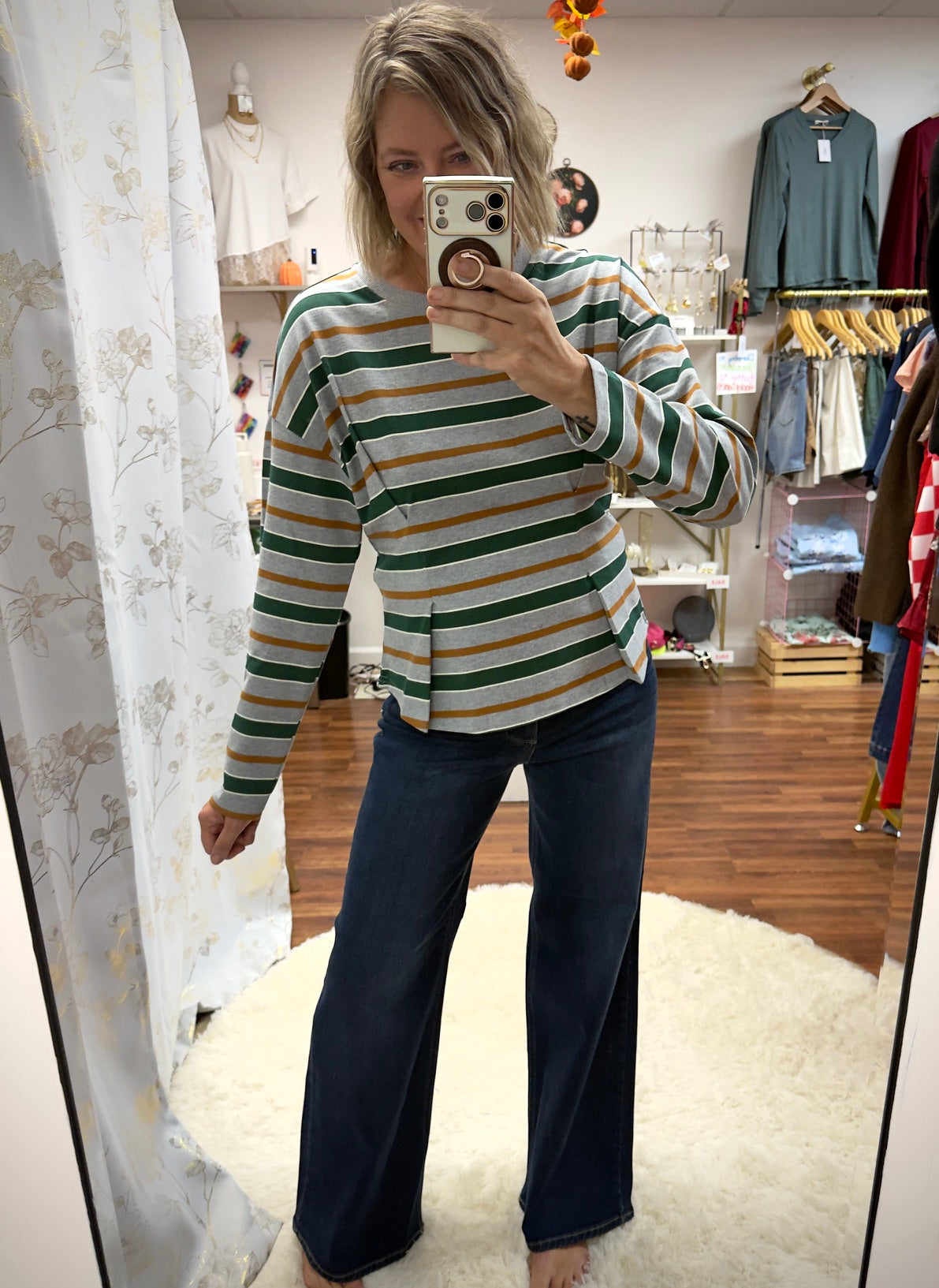 Green Stripe Pleated Top