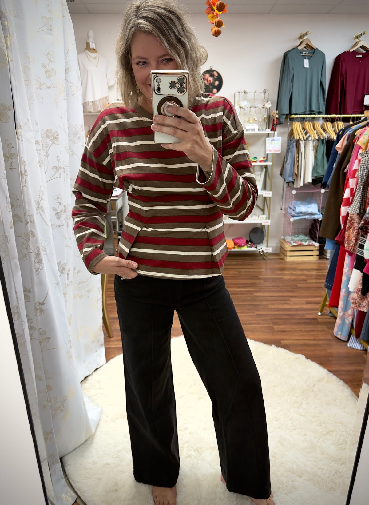Brown Stripe Pleated Top