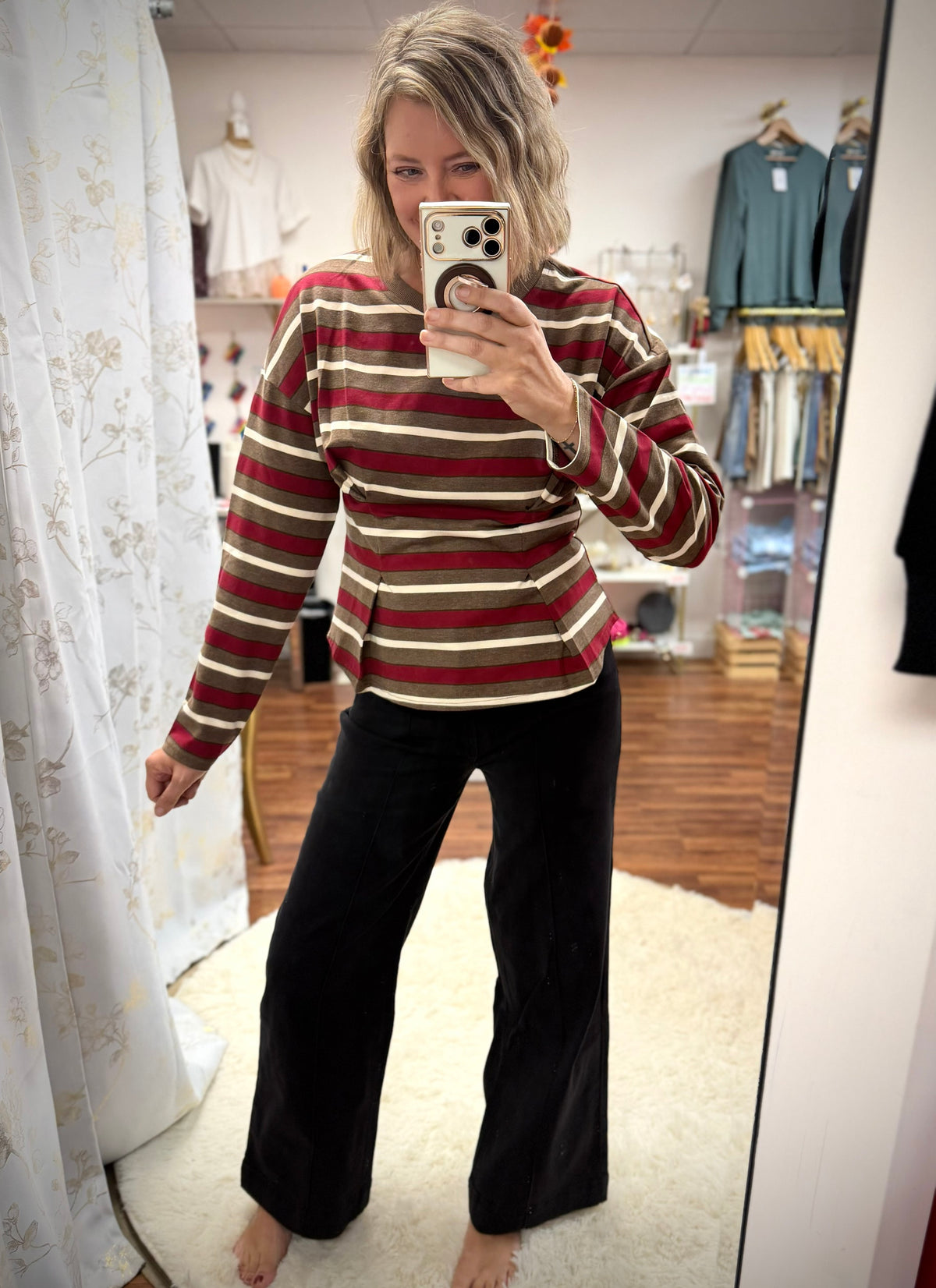 Brown Stripe Pleated Top