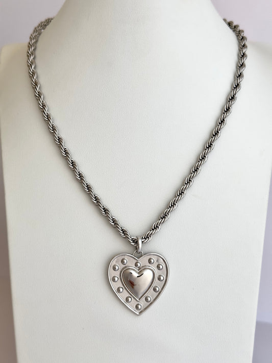 Studded Silver Heart Necklace
