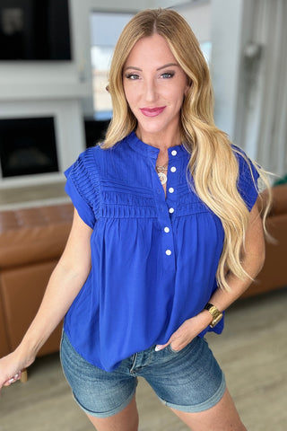 Pleat Detail Button Up Blouse in Royal Blue (ONLINE EXCLUSIVE)