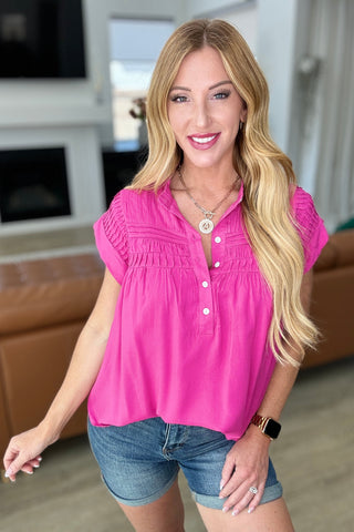 Pleat Detail Button Up Blouse in Hot Pink (ONLINE EXCLUSIVE)