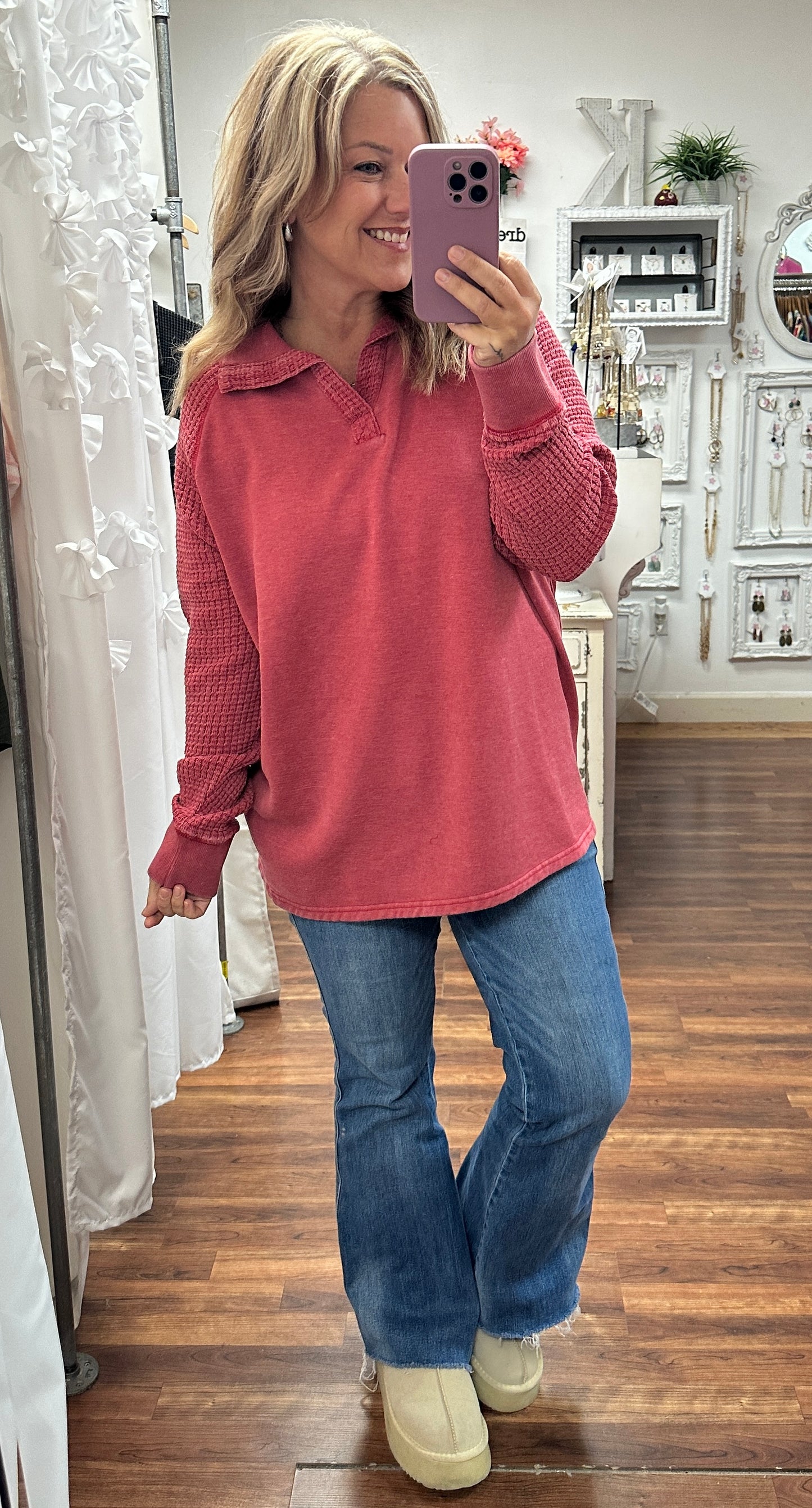 Crimson Duality Waffle Henley