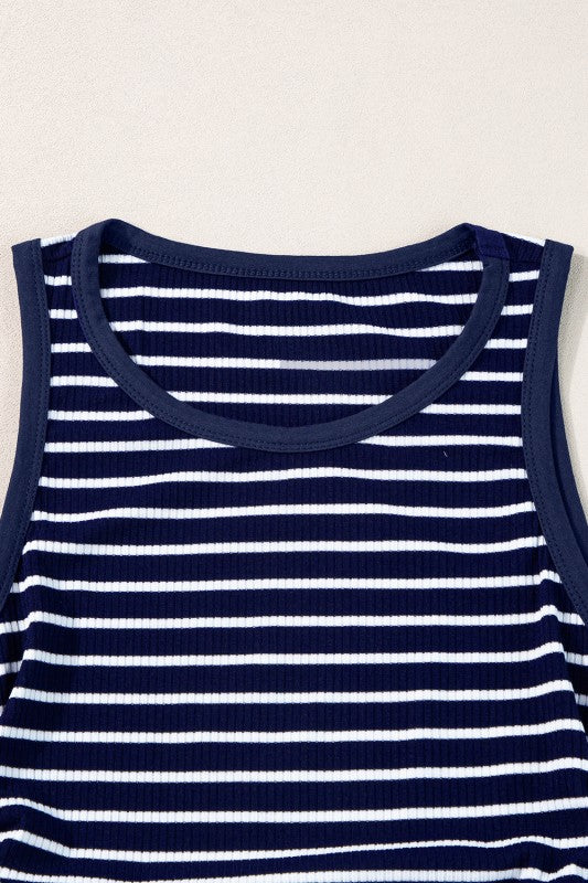 Navy and white striped tank top on a light gray background