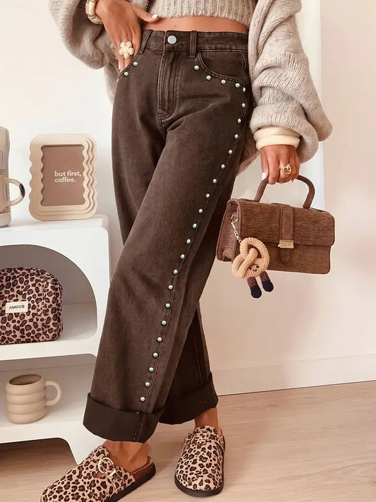 Coffee Studded Loose Jeans