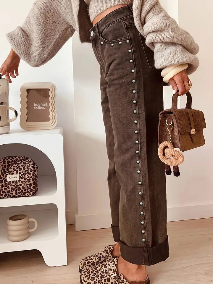 Coffee Studded Loose Jeans