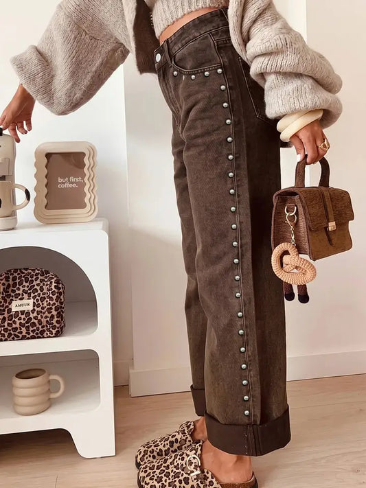 Coffee Studded Loose Jeans