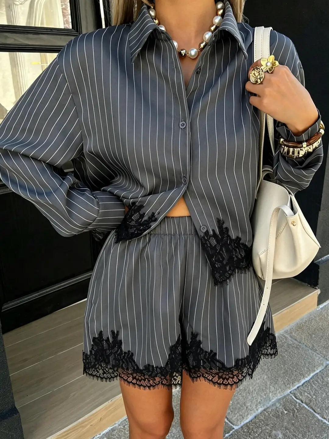 Elevated Striped Button Down & Lace Trim 2 Piece Short Set