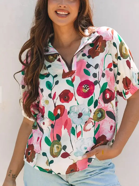 Vibrant Floral Slit V Neck Short Sleeve Top